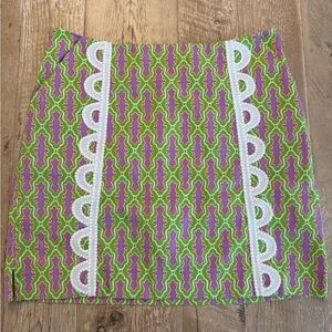 Women's Green and Pink Patterned A-Line Skirt with White Trim